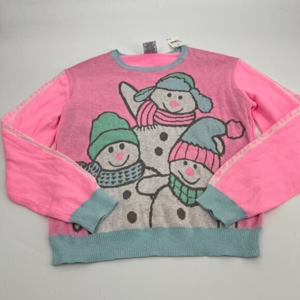 Well Worn Holiday Sweater Kids Youth Medium Pink Pullover Chilling Snowmen New